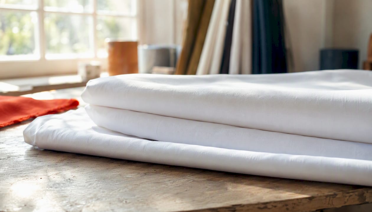 Folded white cotton broadcloth fabric close-up