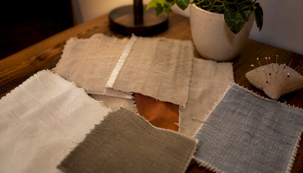 Various cotton-linen fabric weave swatches fanned out