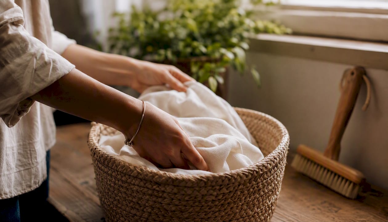 Hands placing cotton-linen fabric in laundry bag for gentle wash