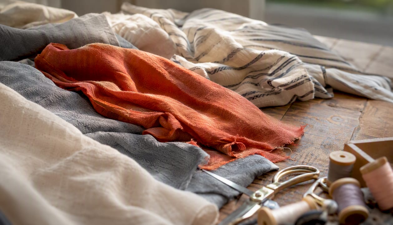 Close-up of cotton-linen fabric texture and folds