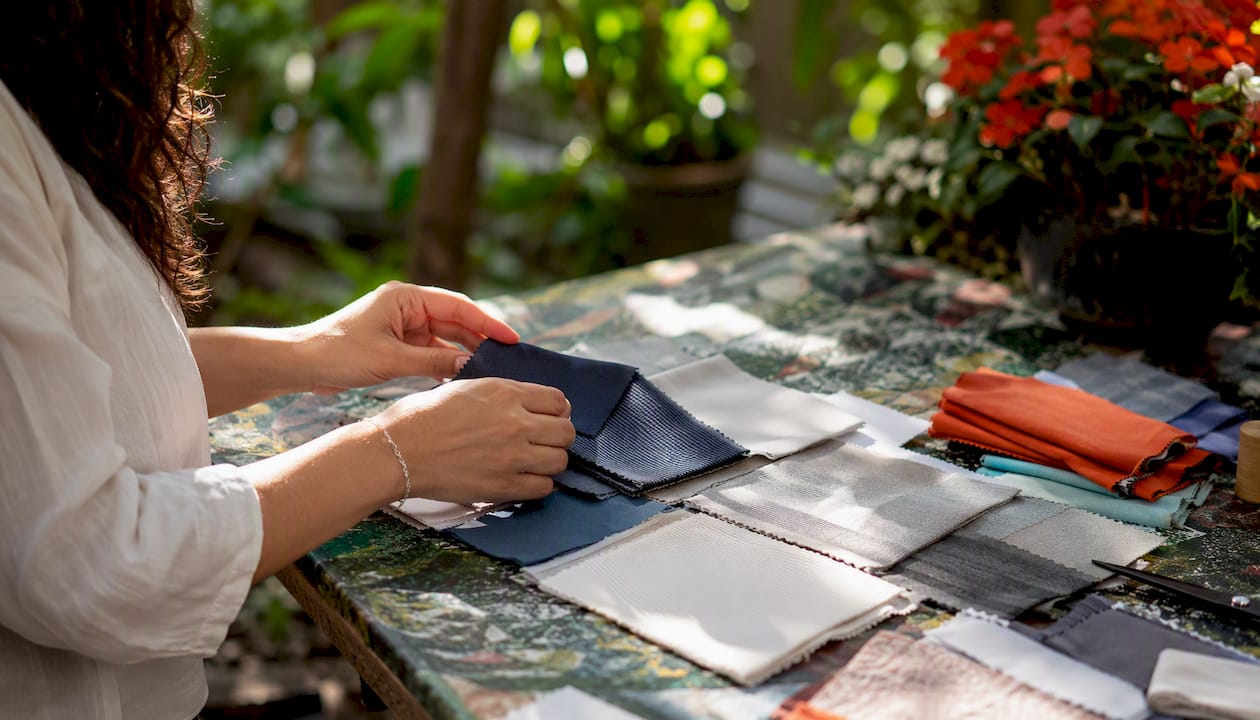 Hands selecting specialty fabric swatches close-up