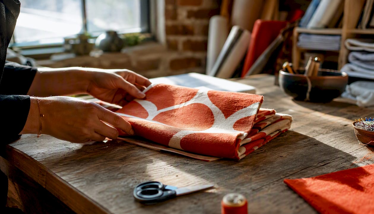 Hands unrolling cotton fabric in studio