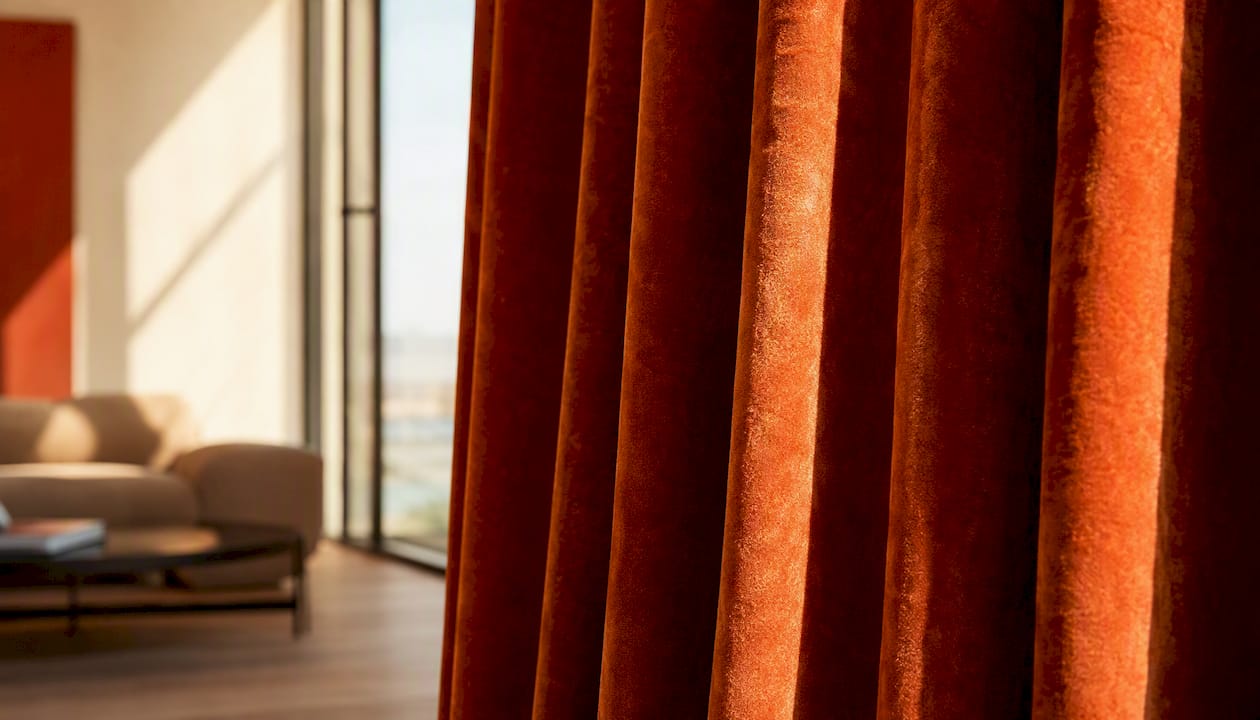 Close-up of plush cotton velvet curtain folds