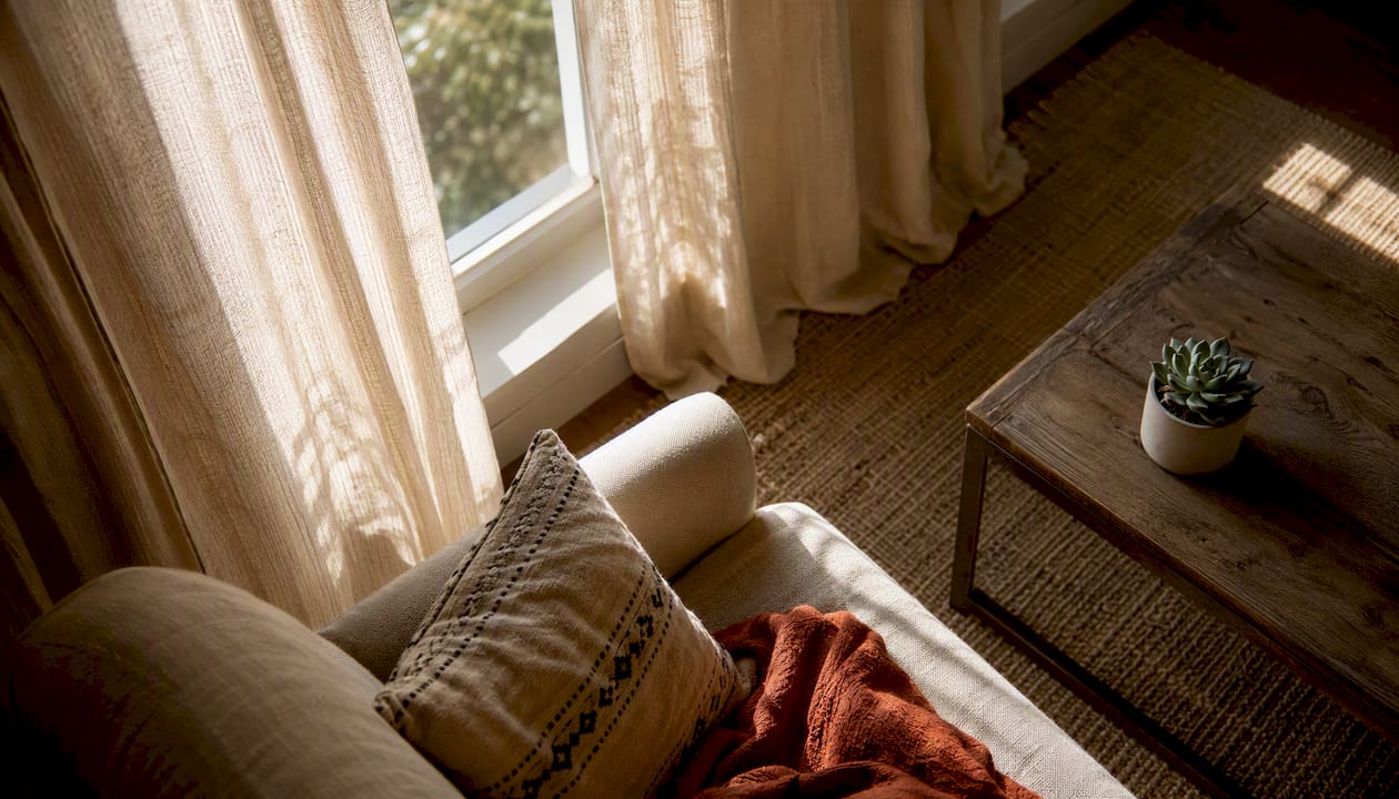 Linen curtains hanging in cozy living room
