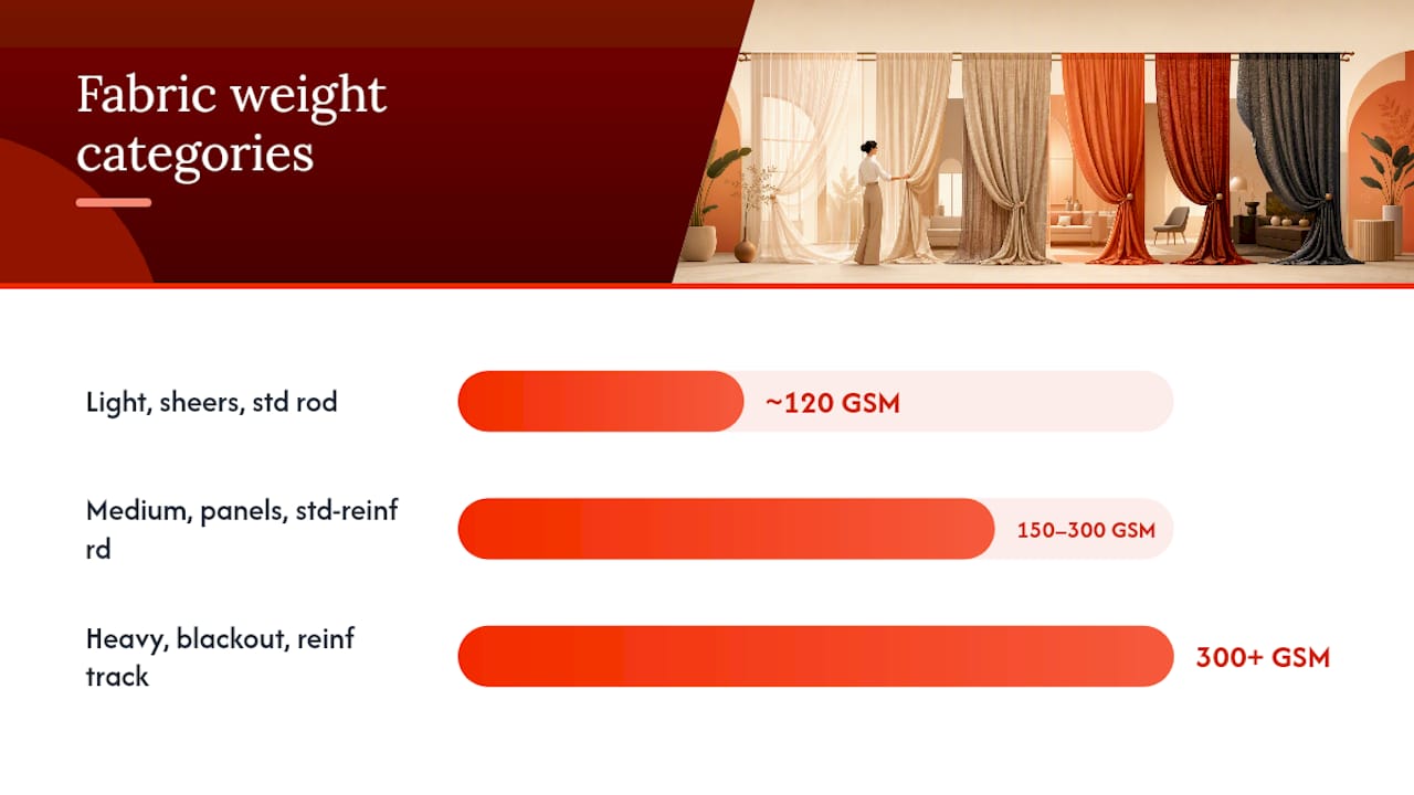 Diagram comparing fabric weights, uses, and hardware needs