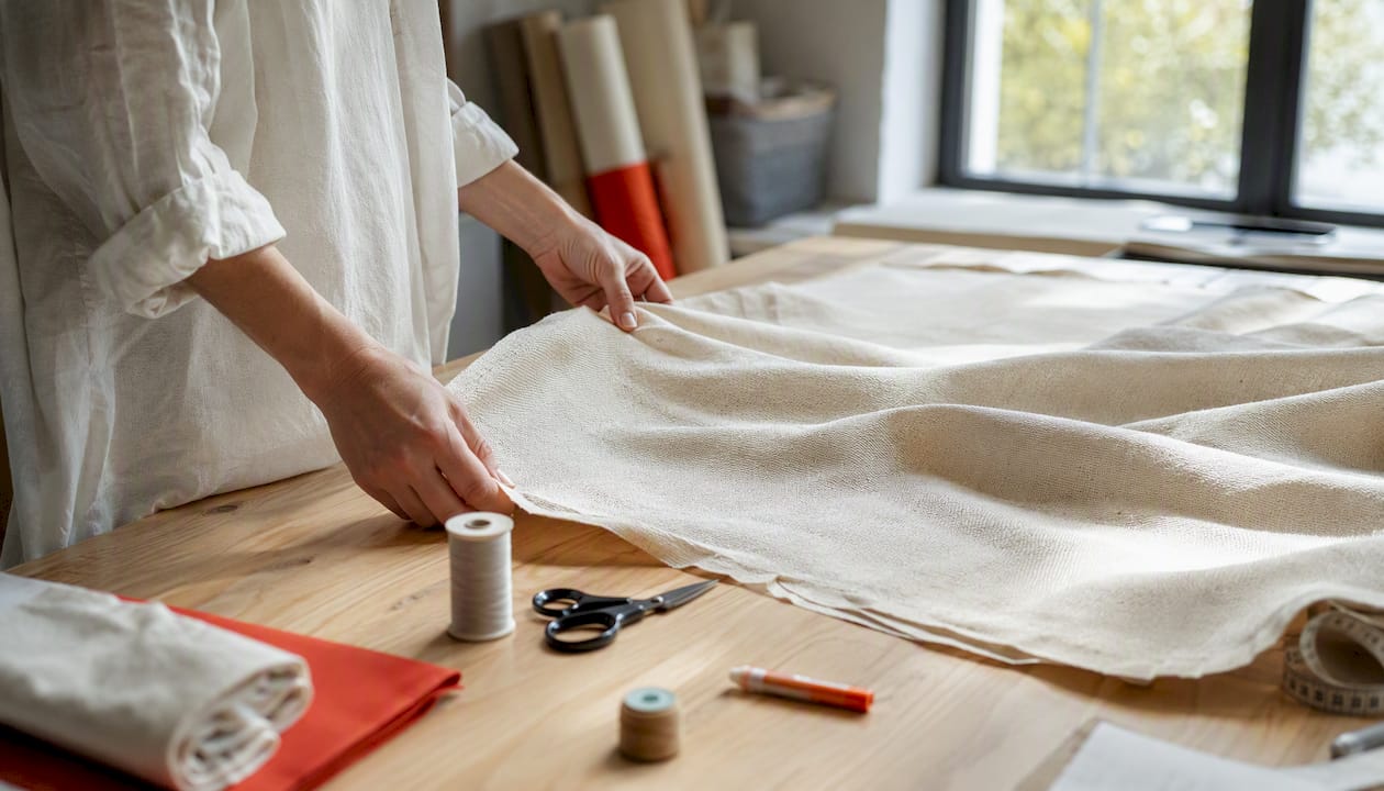 Hands preparing cotton canvas fabric on table