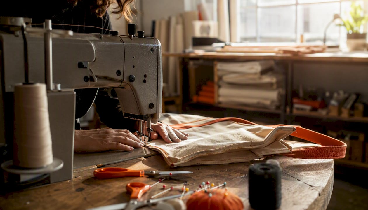 Hands sewing cotton canvas tote bag