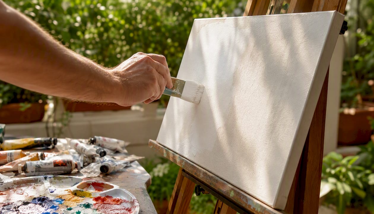 Artist priming canvas painting surface