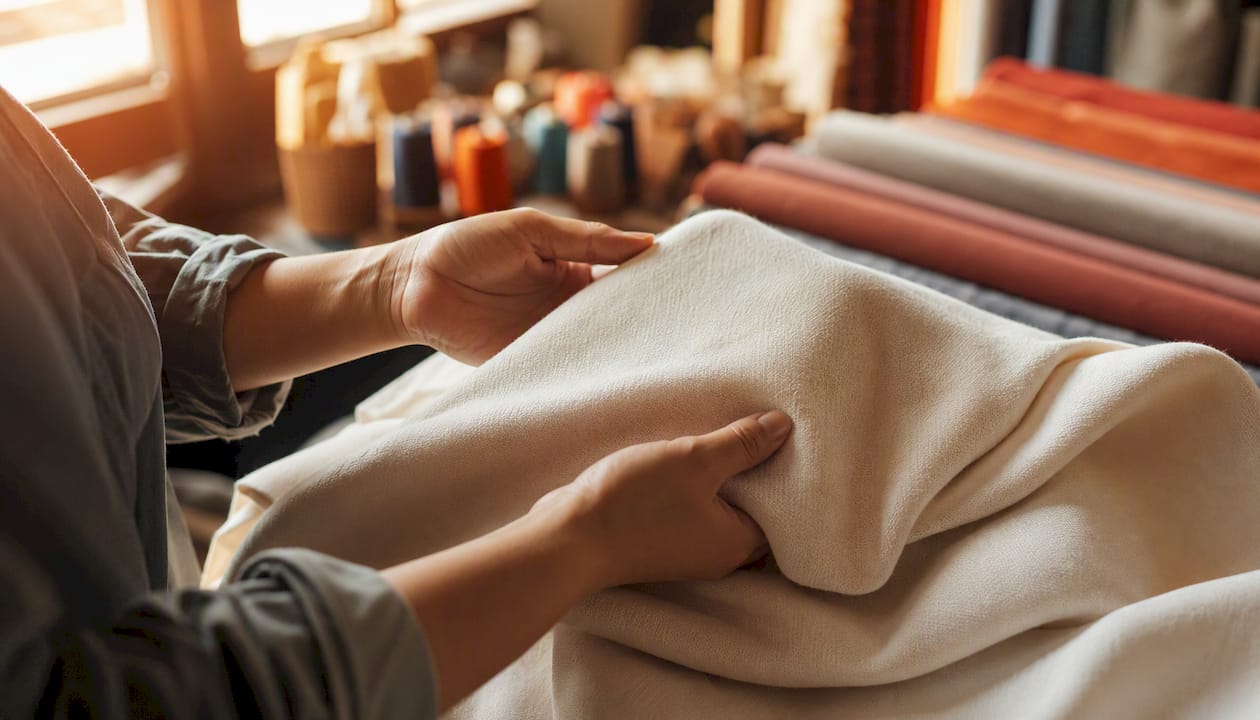 Close-up of hands holding Supima cotton fabric