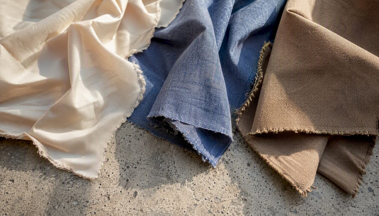 Three cotton fabric swatches with different textures