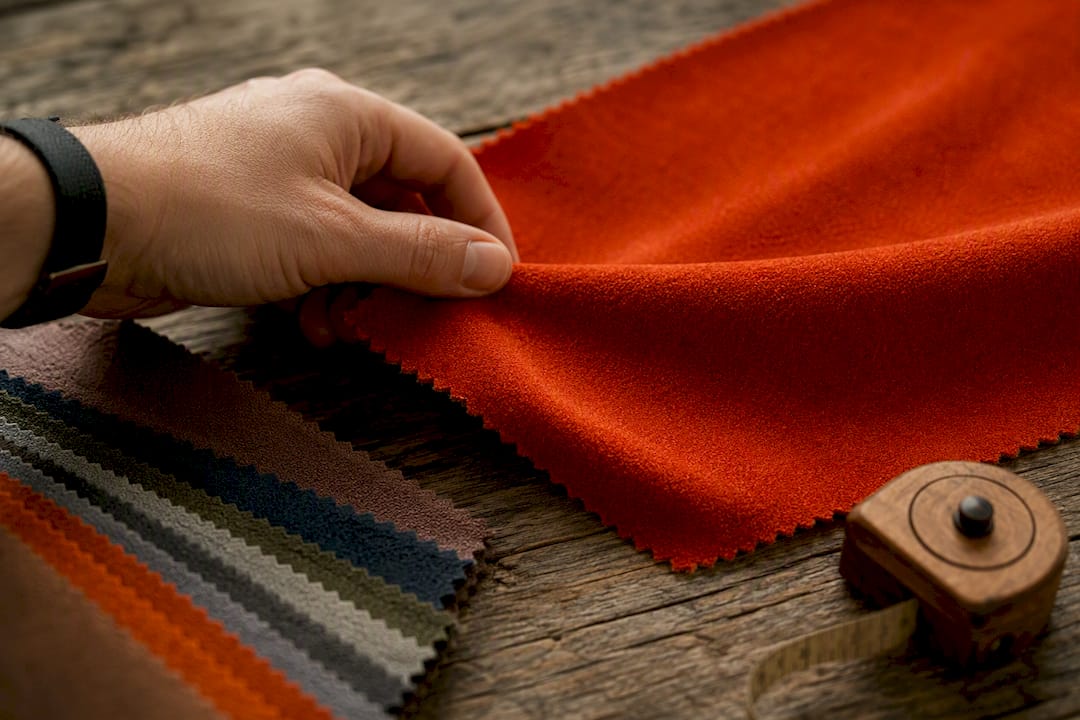 Hand touching microfiber upholstery fabric
