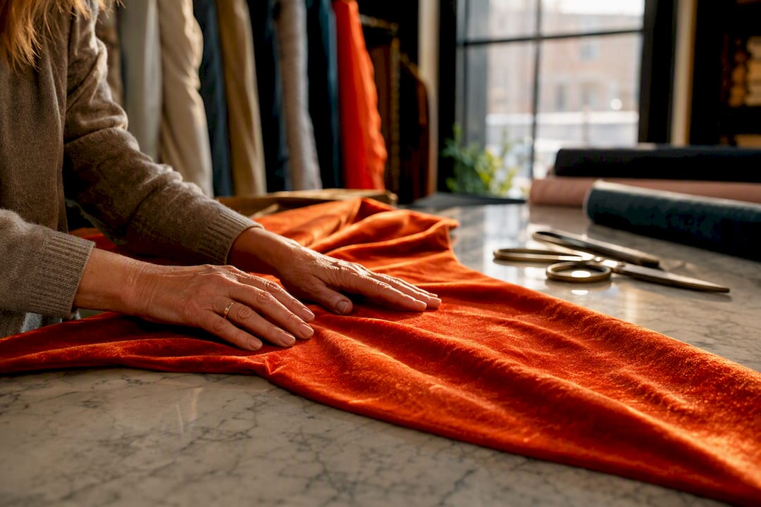 Hands testing plush velour fabric pile