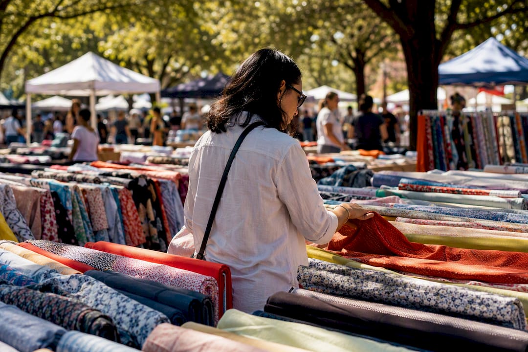 Bolts of wholesale fabric displayed in store