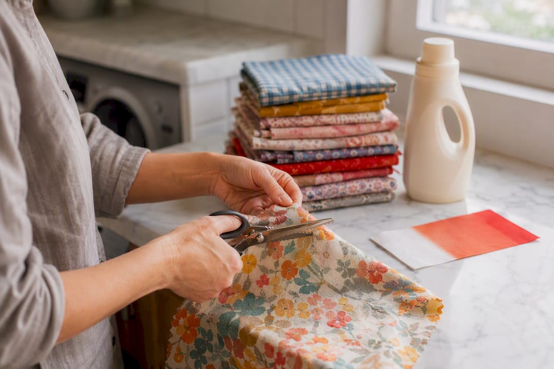 Hands finishing fabric edge with pinking shears