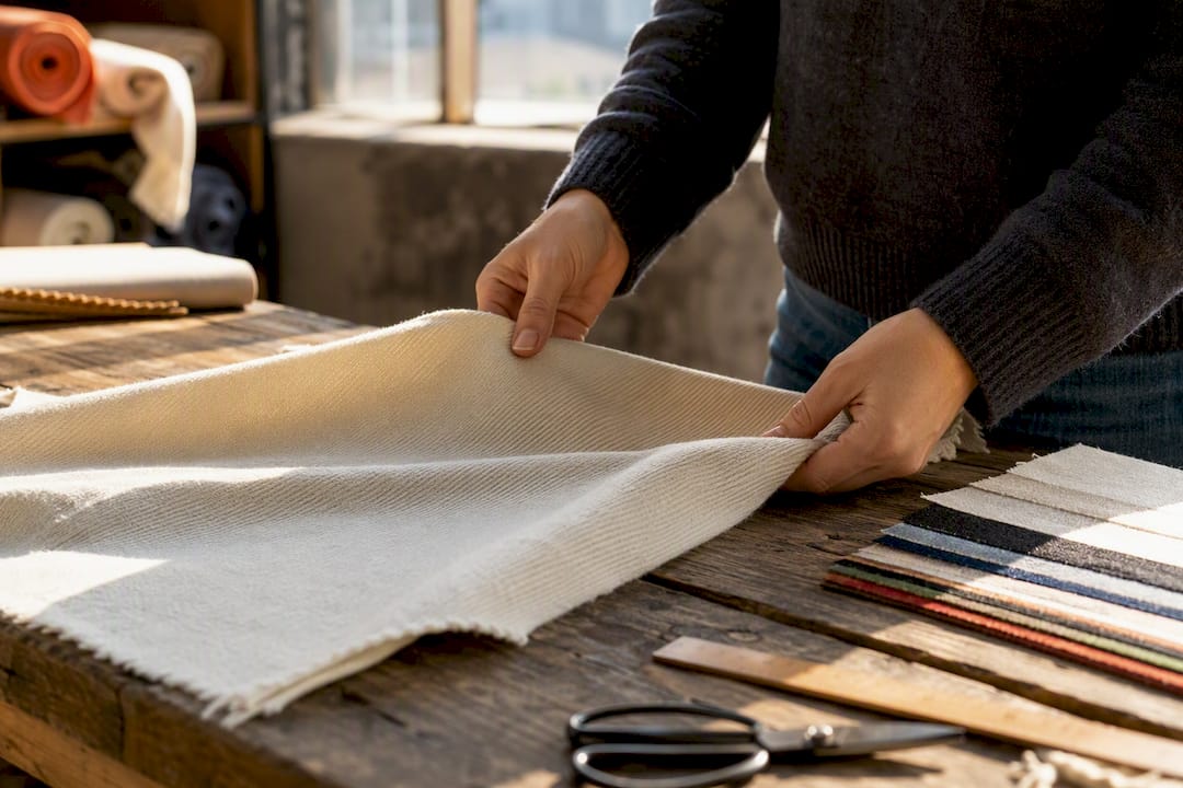 Hands inspecting diagonal wale on twill fabric