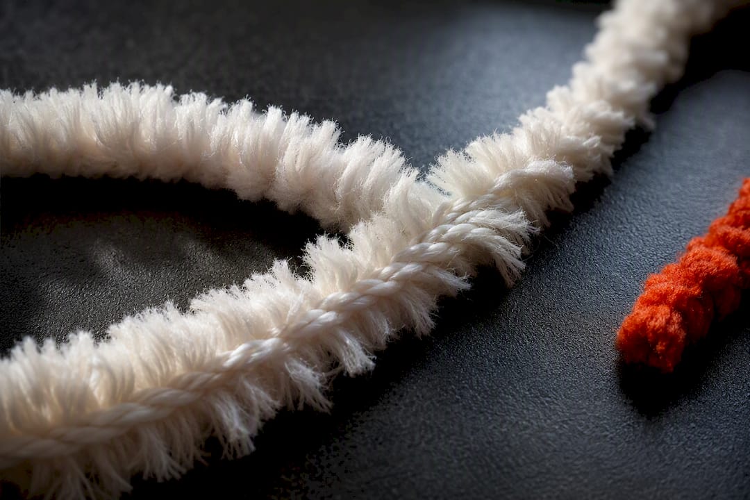 Macro view of twisted chenille yarn fibers