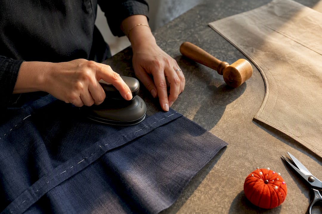 Sewist pressing a freshly constructed seam