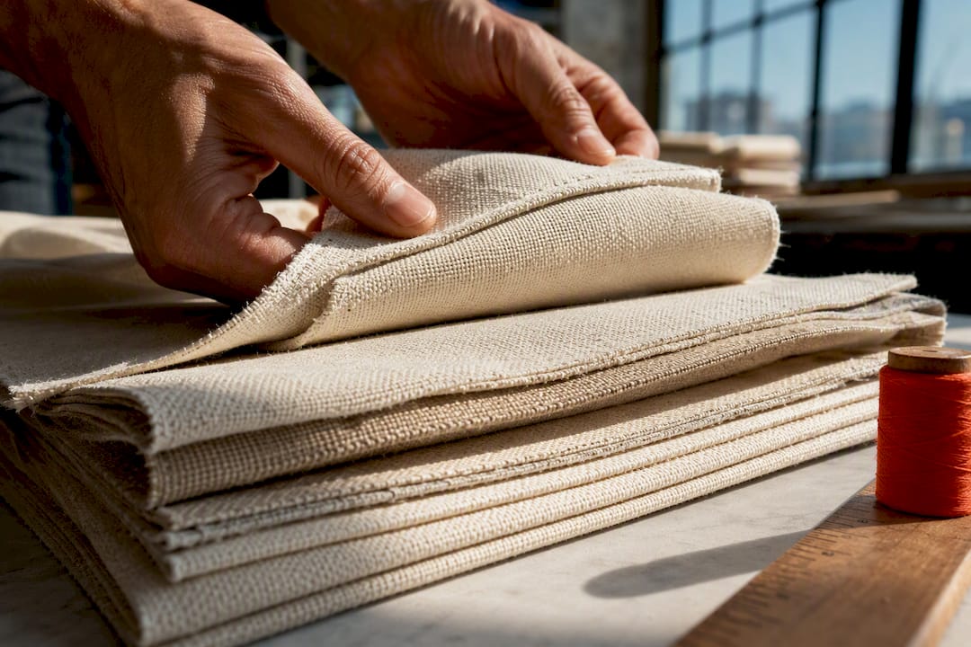 Hands comparing layered canvas fabric swatches