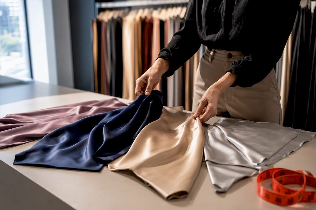 Sewist comparing satin swatches by drape