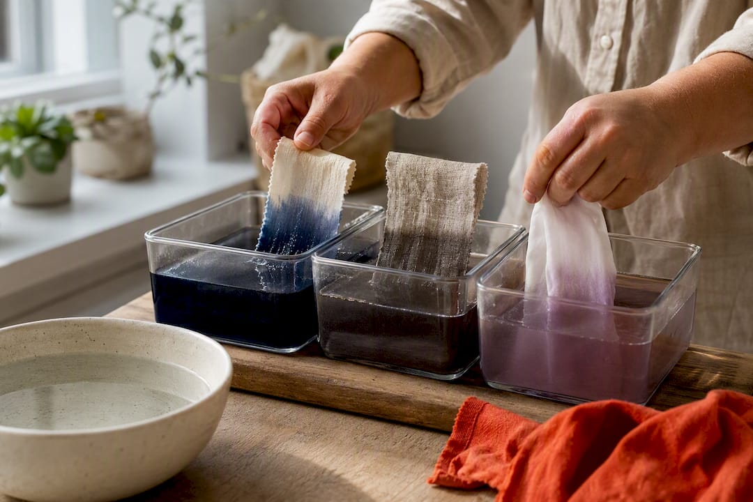 Different fiber swatches absorbing dye