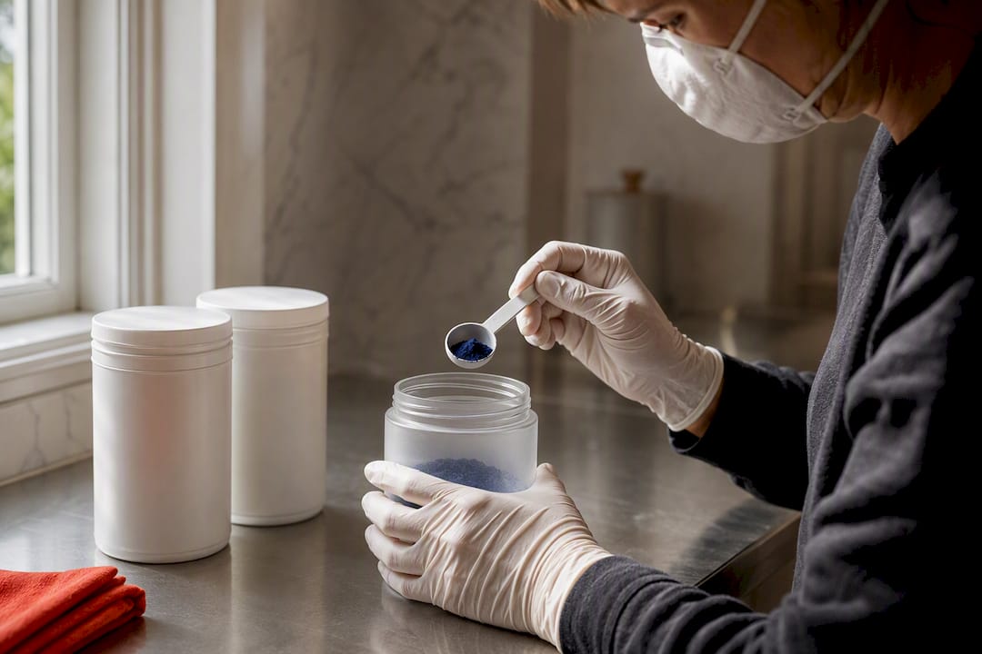 Gloved hands measuring dye powder safely