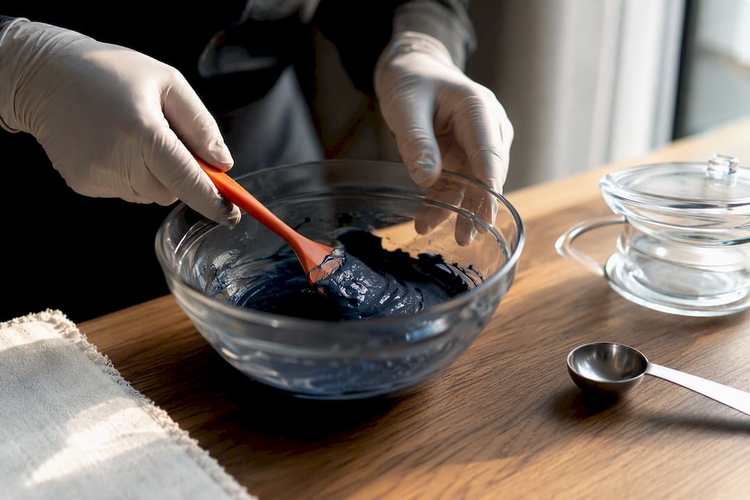 Gloved hands mixing cotton dye paste