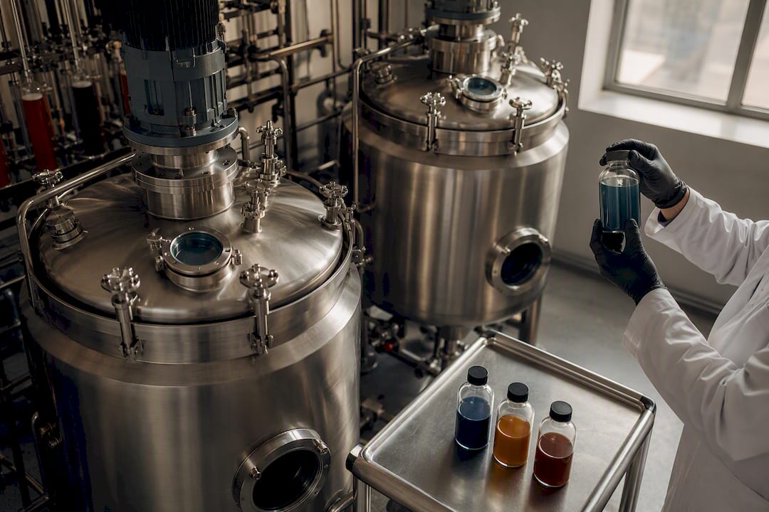 Pilot fermentation vessels producing textile pigments