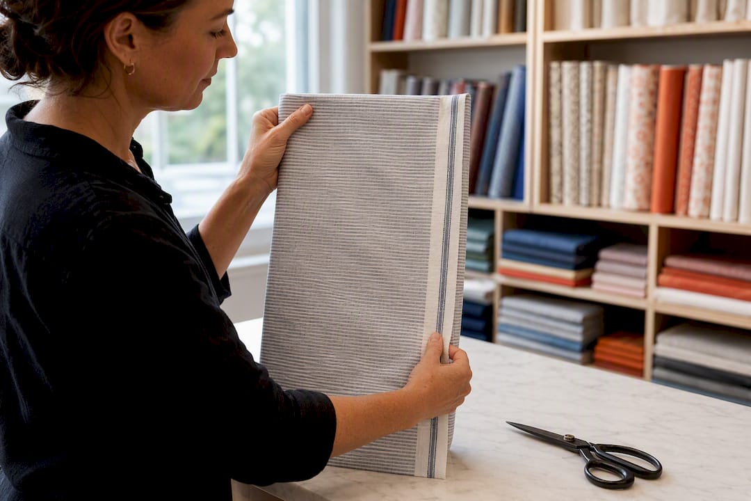 Quilter checking printed fabric grain