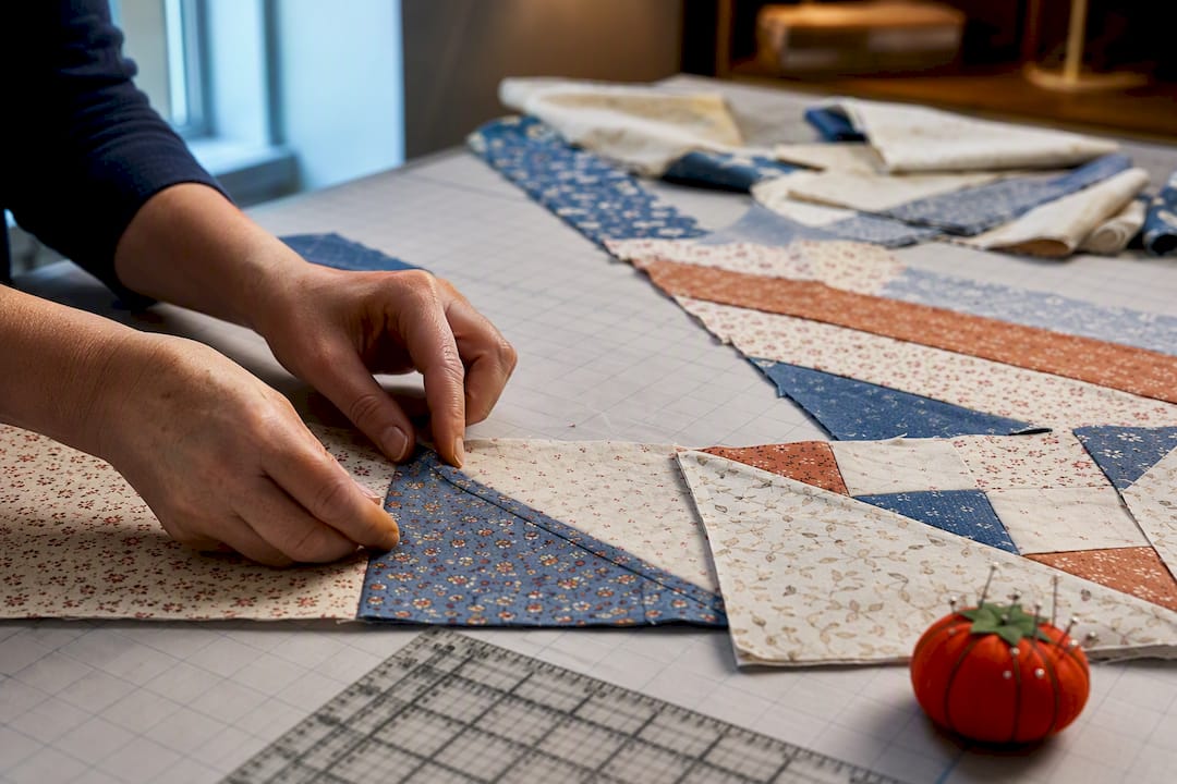Quilting cotton strips aligned for piecing