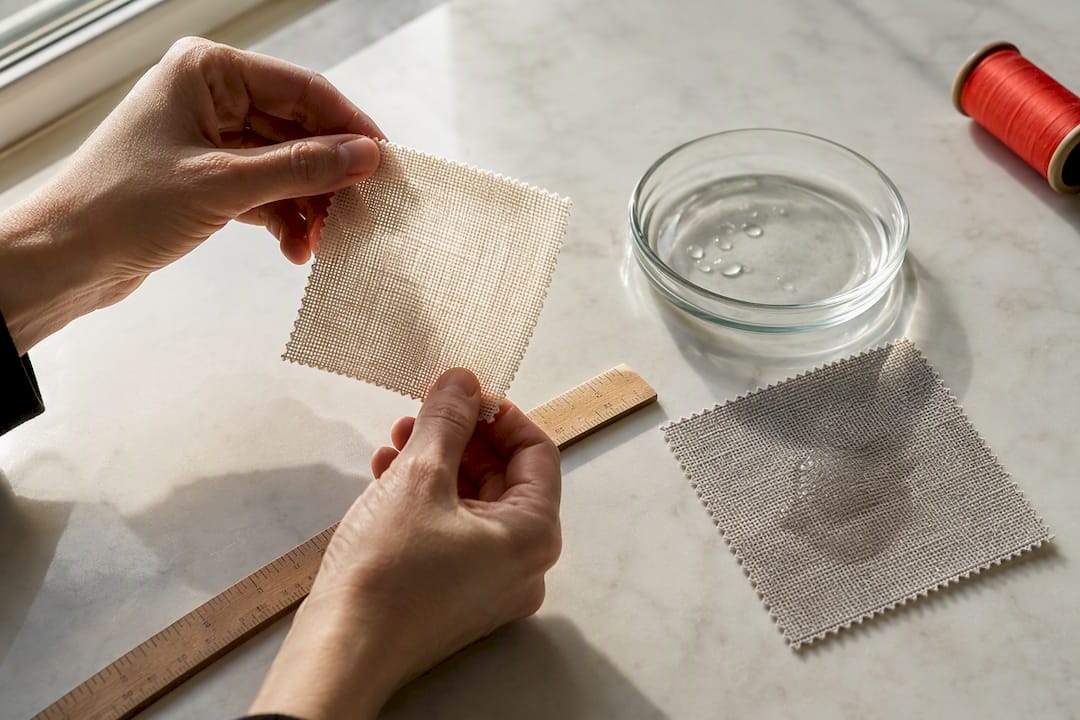 Hand testing fabric swatches for light and dampness