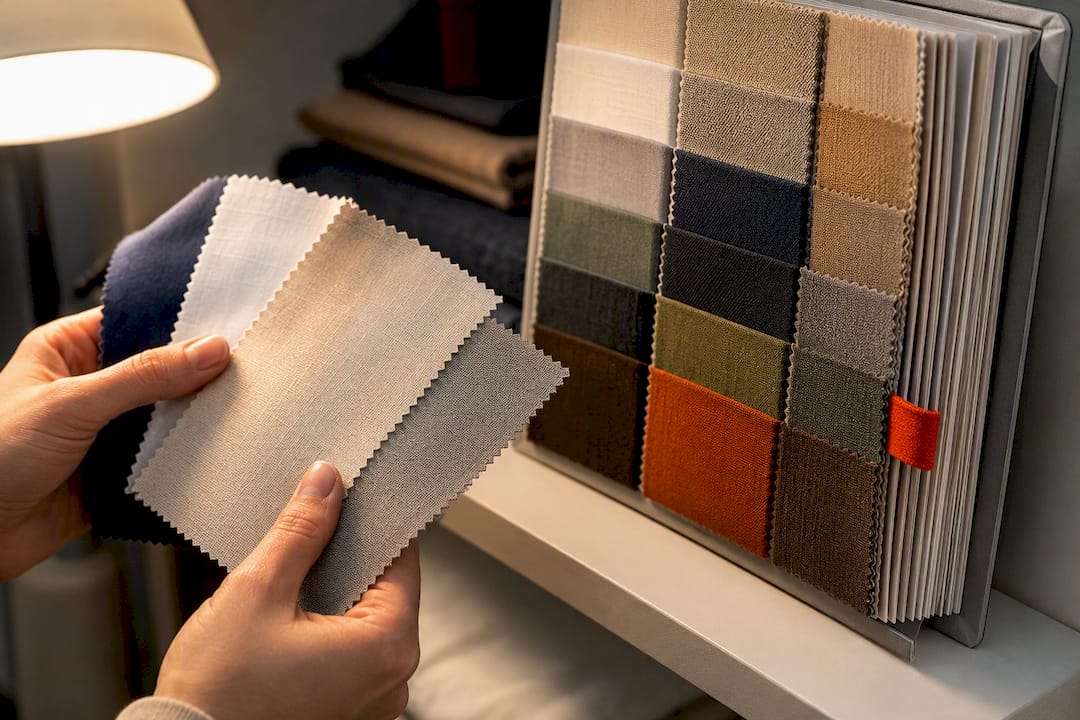 Hands comparing mystery fabric swatches