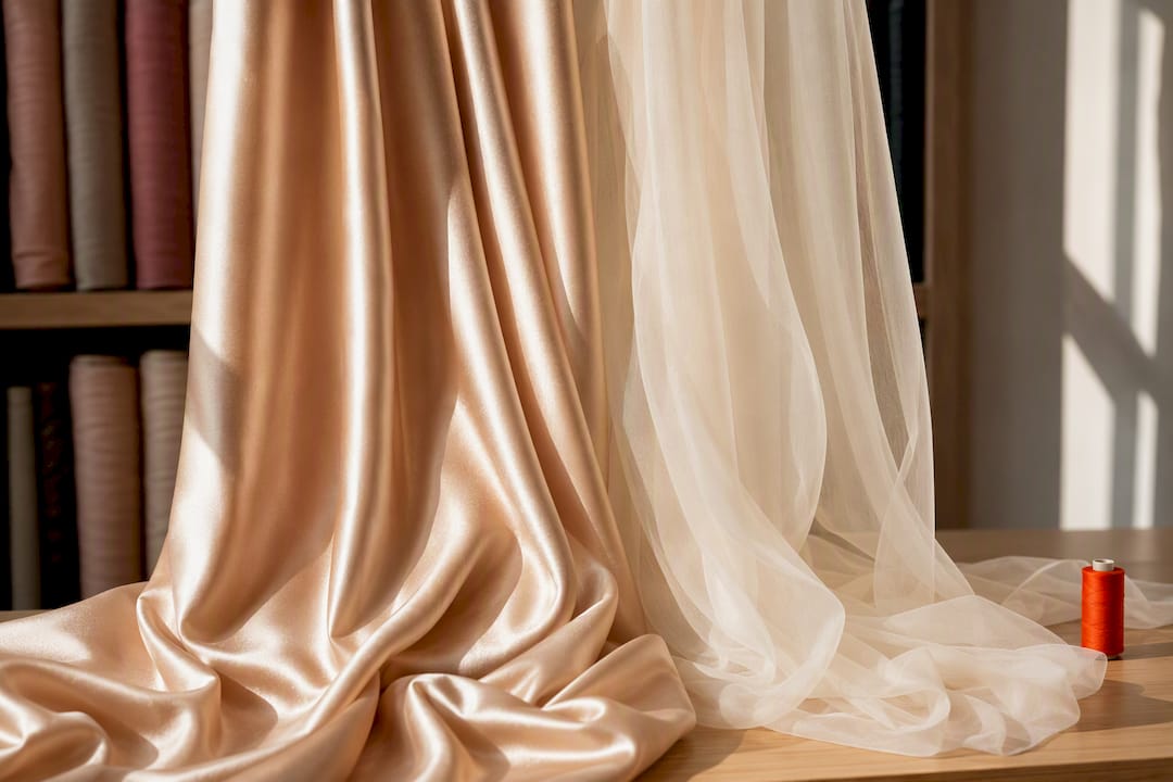 Satin and chiffon fabric draped side by side