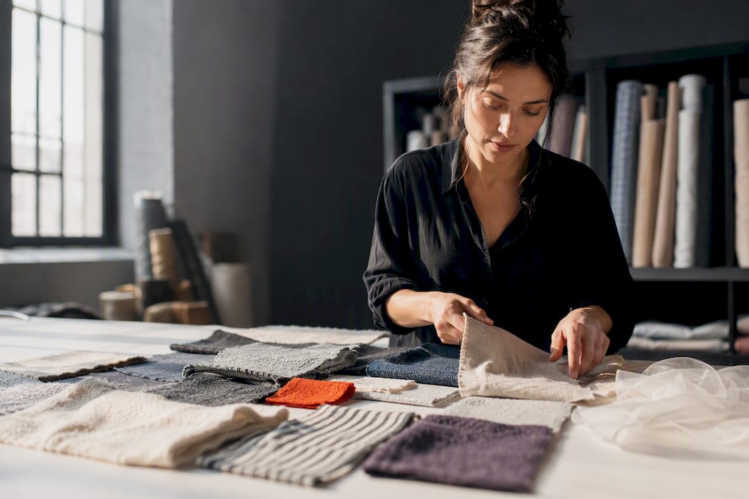Fabric swatches arranged by fiber and weave