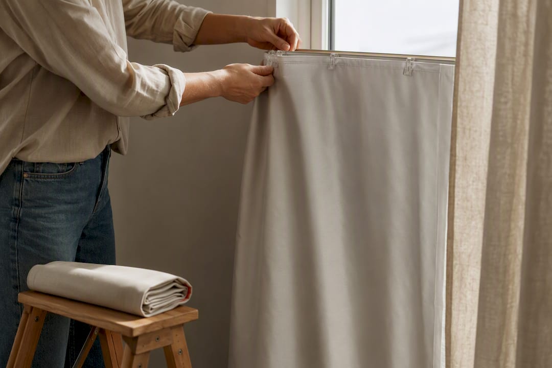 Hands attaching thermal curtain lining