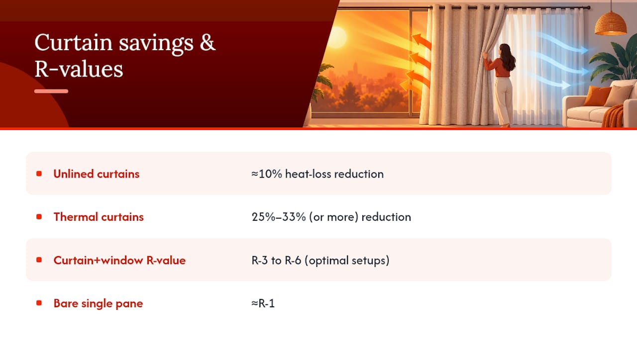 Curtain heat-loss savings and R-value comparison