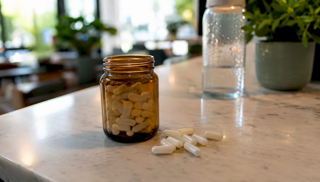 Close-up of magnesium glycinate supplement capsules