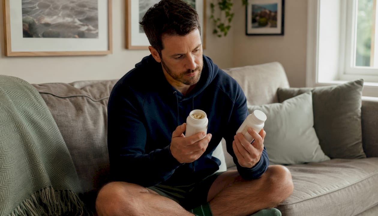 Hands comparing magnesium supplement bottles