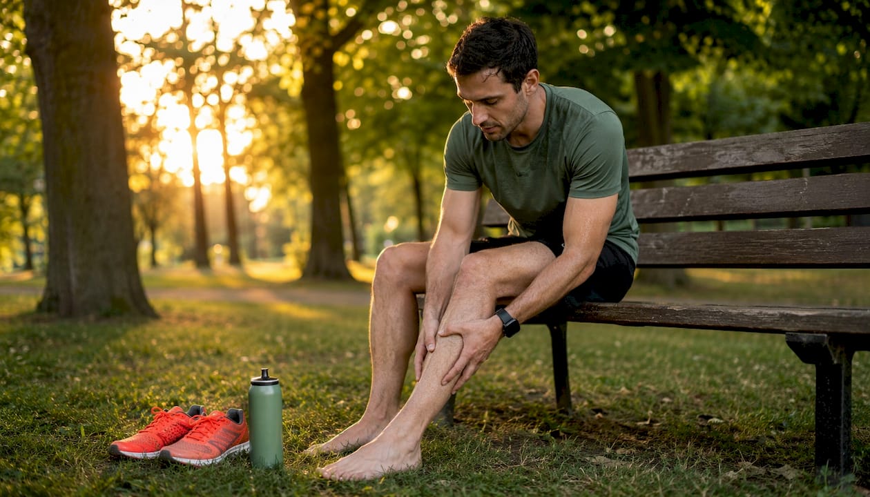 Runner massaging calf muscle post-run outdoors