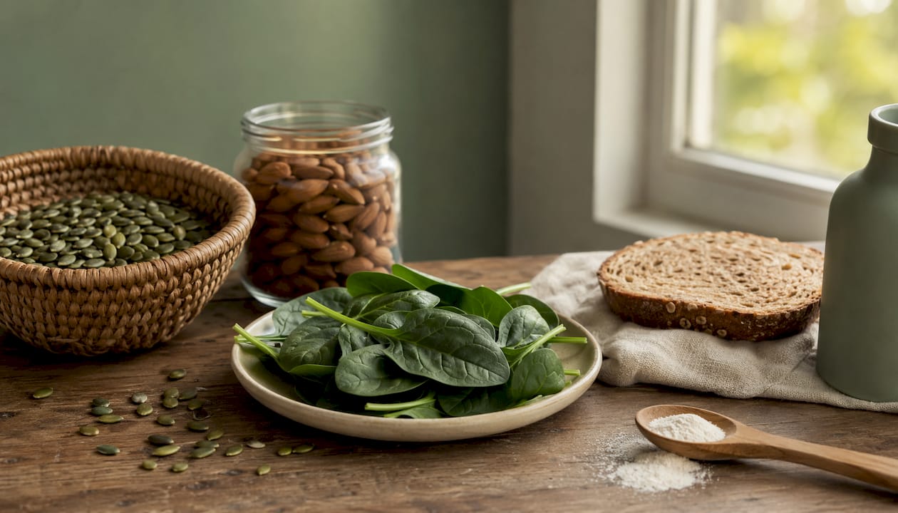 Overhead view of magnesium-rich foods on kitchen counter