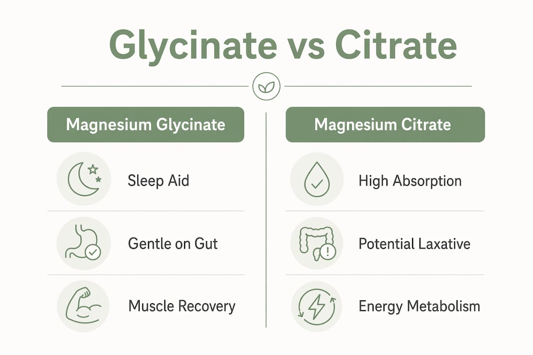 Infographic comparing magnesium glycinate and citrate benefits