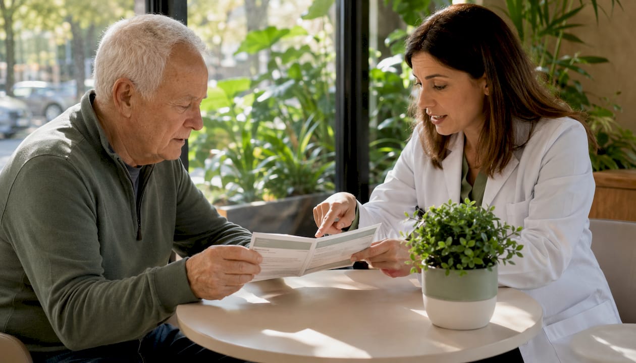 Pharmacist advising senior patient on magnesium risks