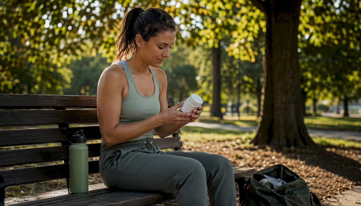 Runner reading magnesium supplement bottle at home table
