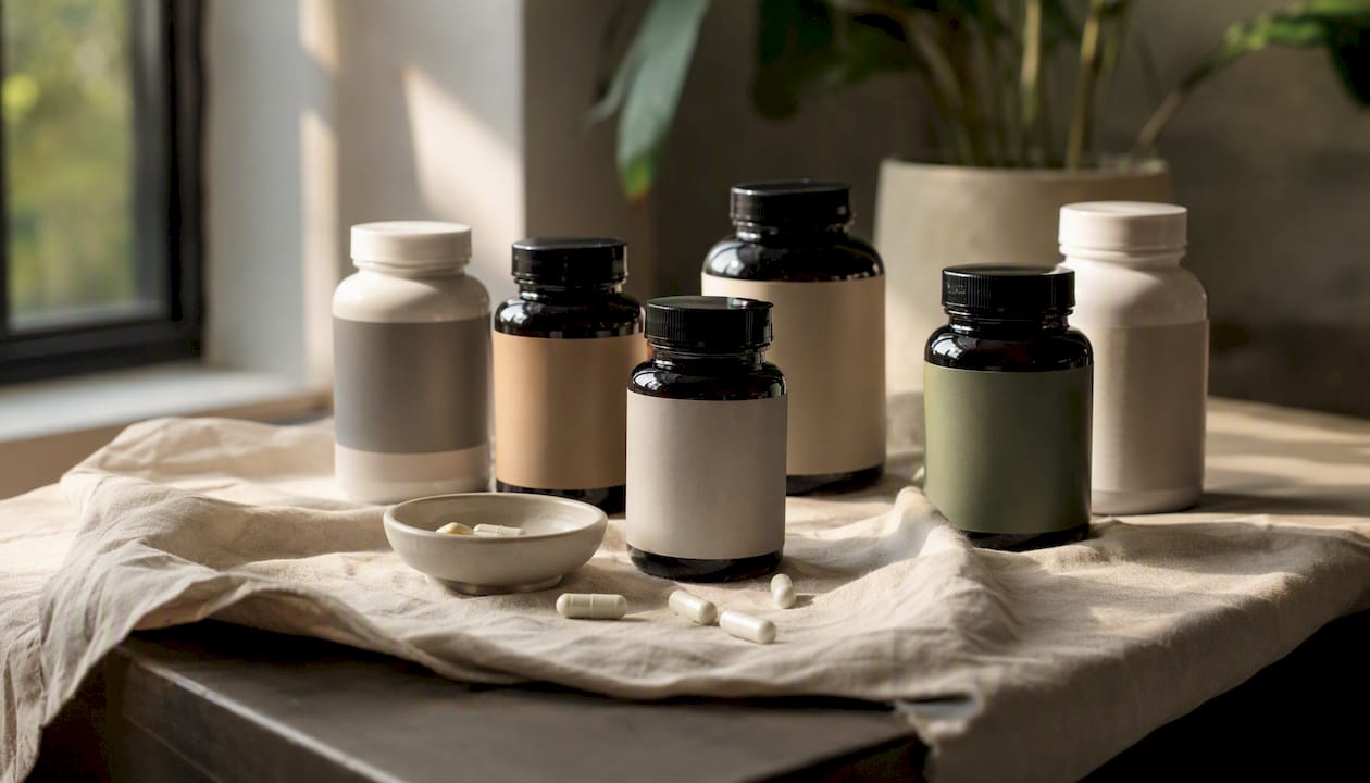 Magnesium bisglycinate capsules and bottles display
