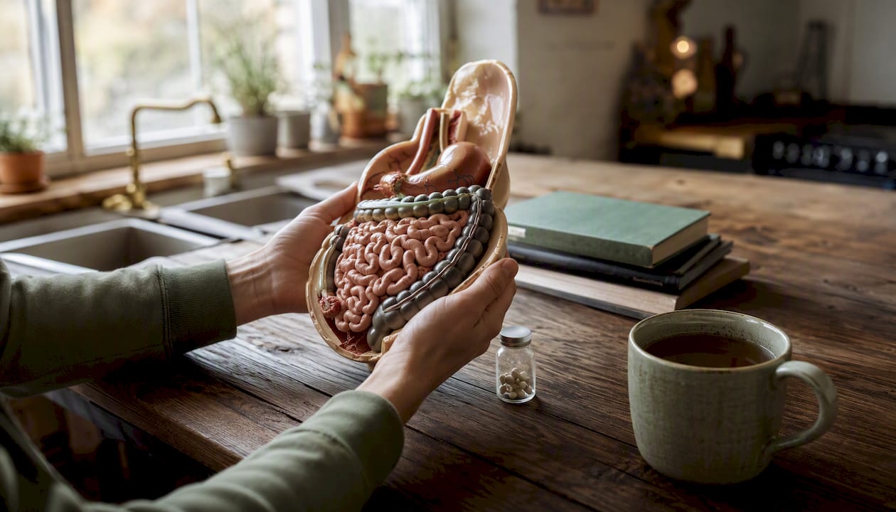 Hands with digestive model and magnesium vial