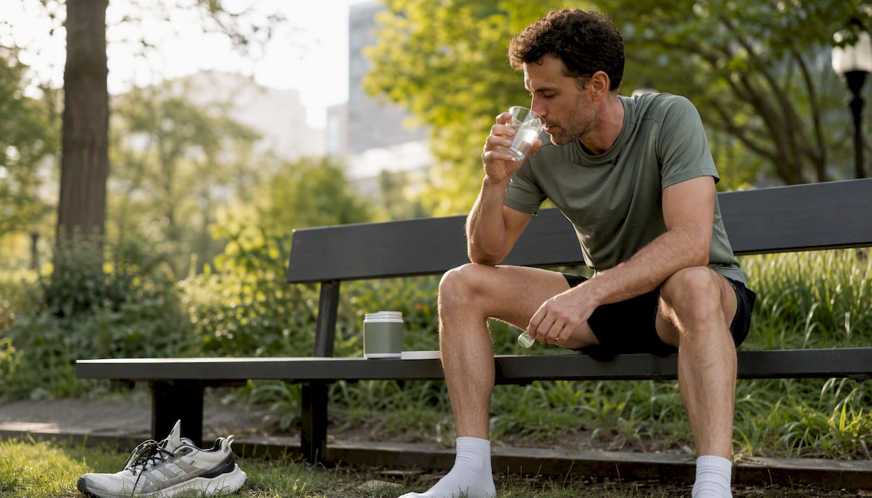 Endurance runner resting with magnesium supplement in gym