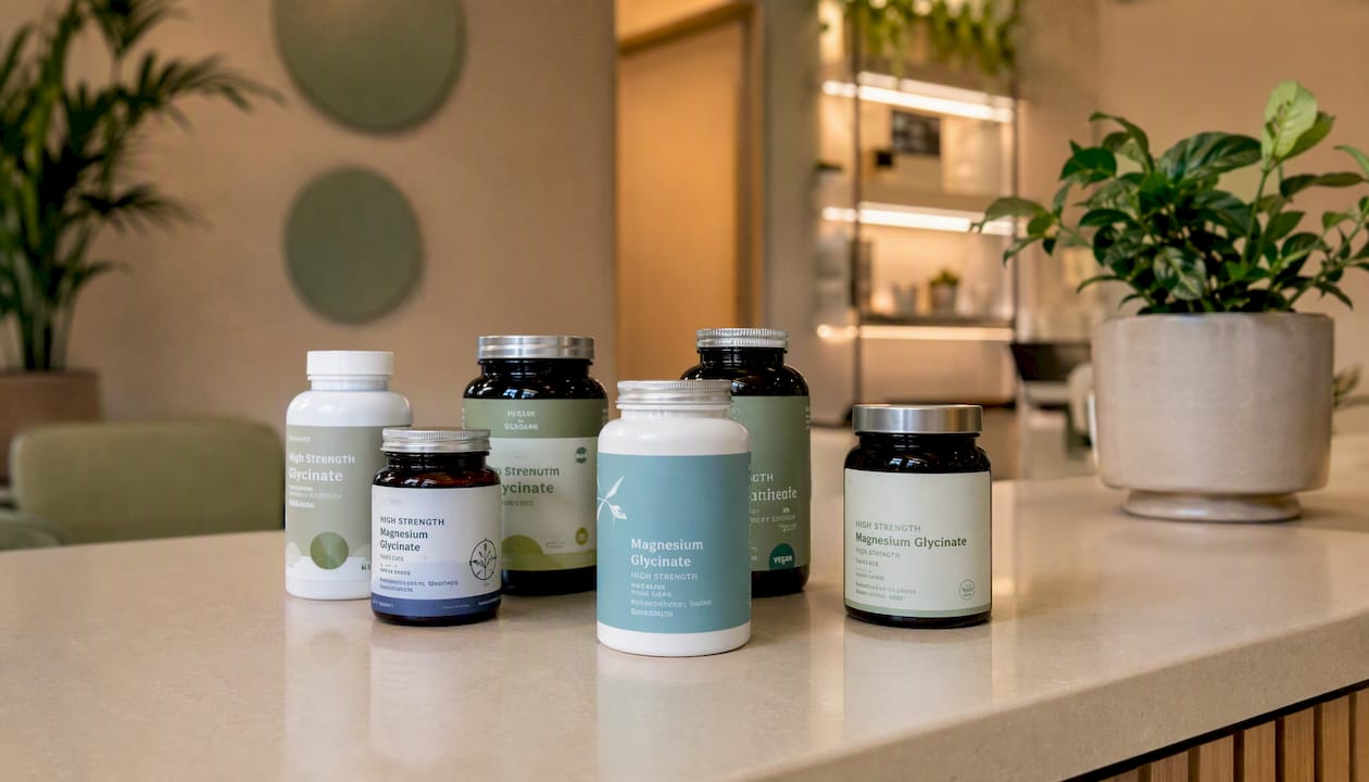 Variety of UK magnesium glycinate supplement bottles