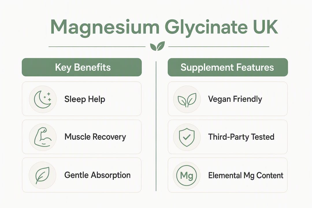 Infographic comparing magnesium glycinate supplement benefits and features