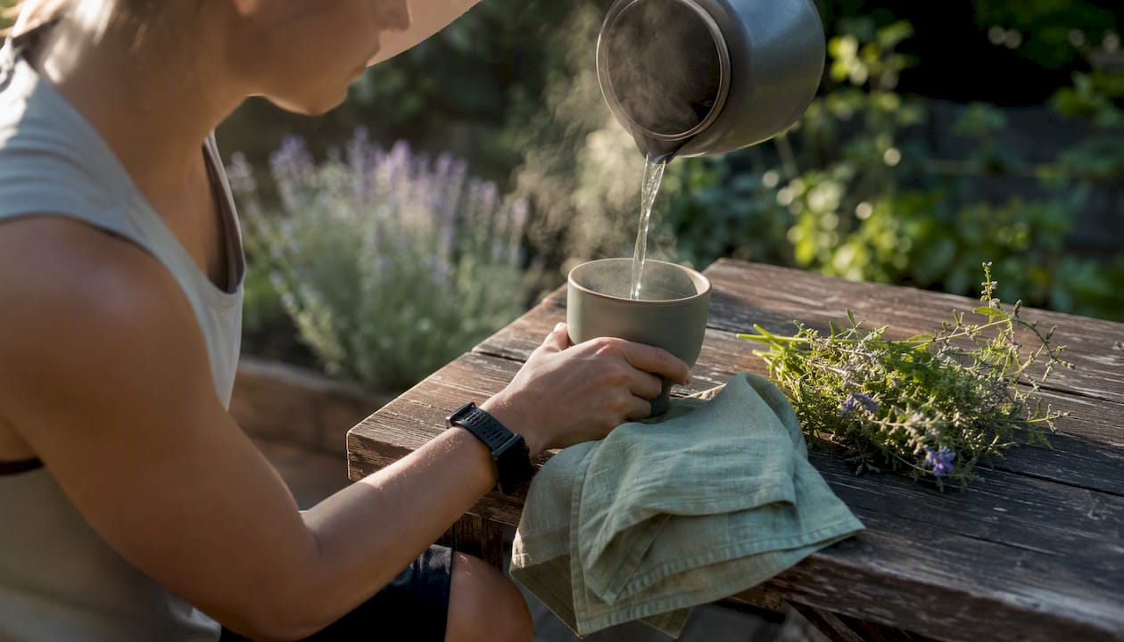 Hand pouring hot water into a cup of herbal tea