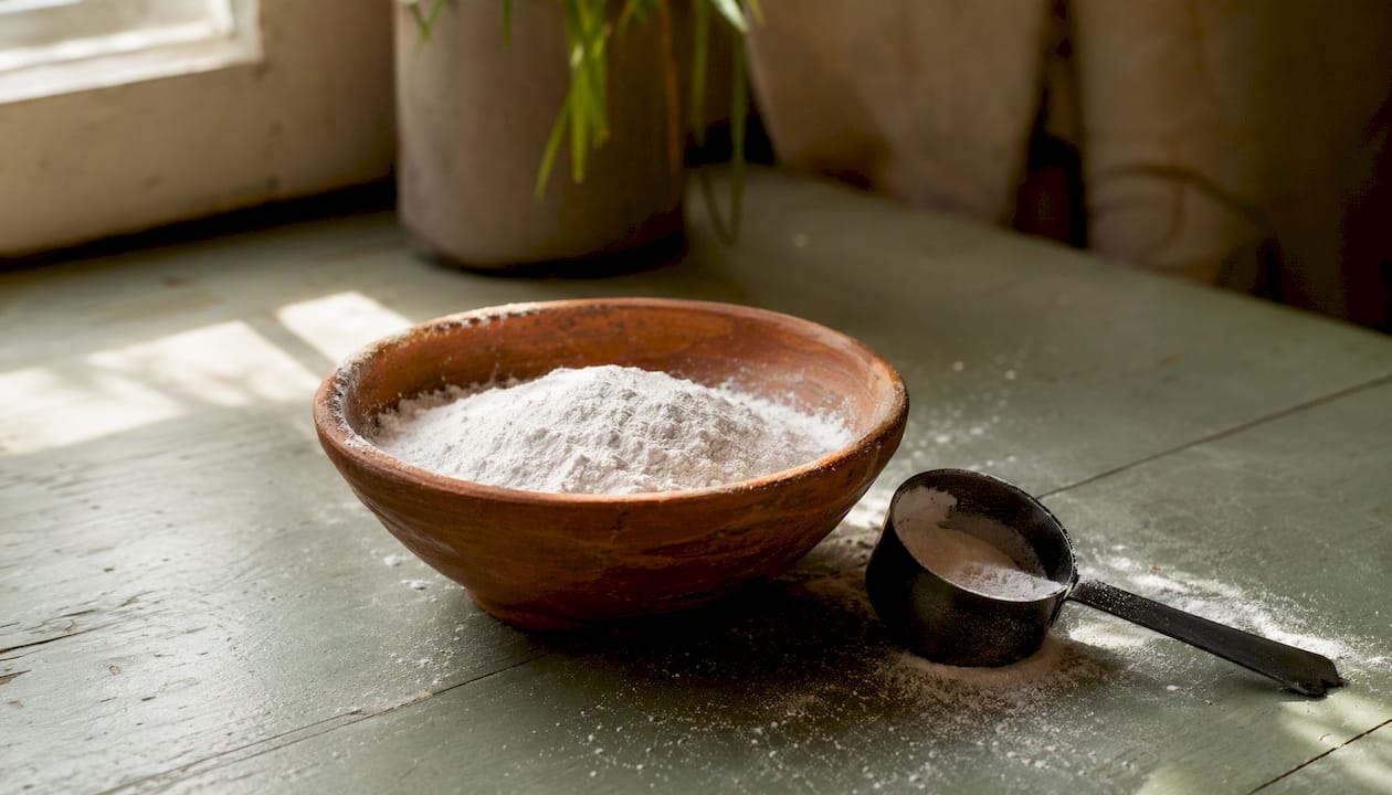 Close-up of magnesium bisglycinate powder and scoop