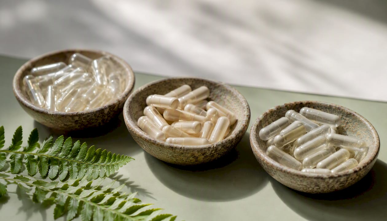 Three capsule shell types in glass dishes